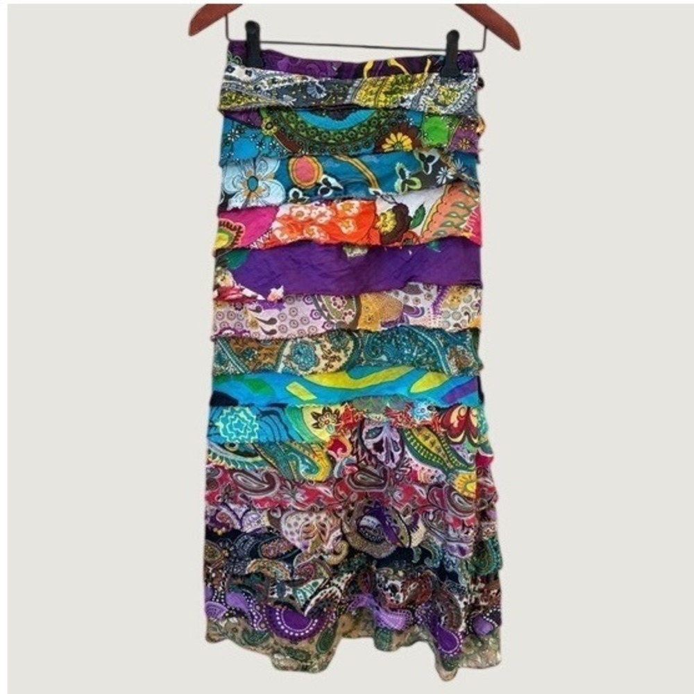 Boho Tiered Patchwork Paisley Floral Maxi Skirt Multi Color Raw Edge Festival